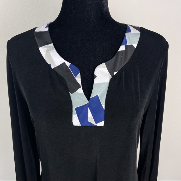 CHICO'S Travelers Size 1 M Black Stretch Knit Tunic Top Contrast Collar Blouse - Picture 3 of 10